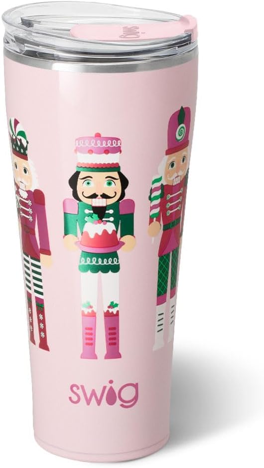 Swig Life 32oz Insulated Tumbler, Travel Coffee Tumbler with Lid, Cup Holder Friendly Travel Coffee Mug, Stainless Steel Nutcracker Insulated Mug with Lid (Sugar Plum Soldiers)