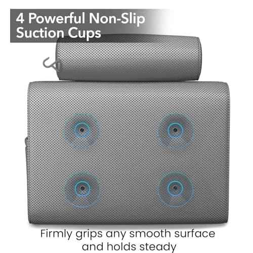 Everlasting Comfort Luxury Bath Pillows for Tub with Head and Neck Support - Non-Slip Bathtub Pillow with Suction Cups, Quick-Drying Mesh & Drying Hook - Jacuzzi & Spa Accessories for Women - Gray