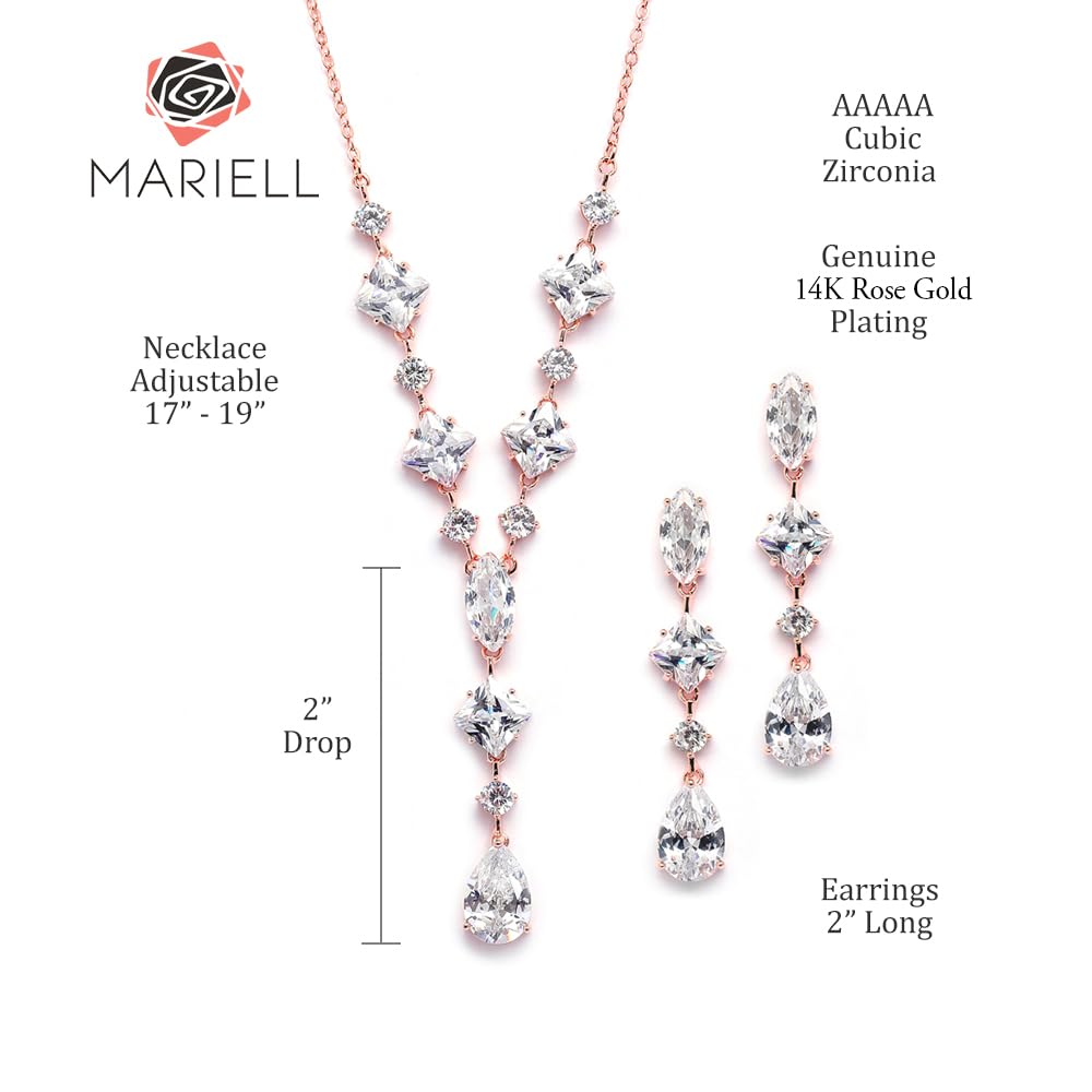 Mariell 14K Rose Gold Plated Cubic Zirconia Necklace & Earrings Bridal Jewelry Set, CZ Crystal Statement Necklace Set for Weddings, Formal Events, Mother of the Bride