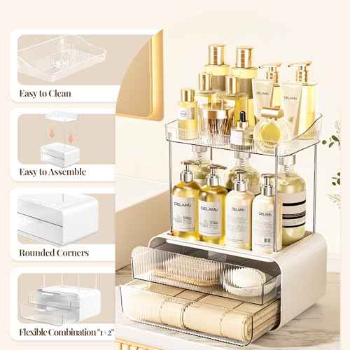 Delamu Bathroom Counter Organizer 2-Drawers 2-Tier Acrylic Makeup Organizer for Vanity Countertop, Skincare Perfume Storage, Easy Assembly, Ideal Gift for Women, Bath Linen Sets, Clear