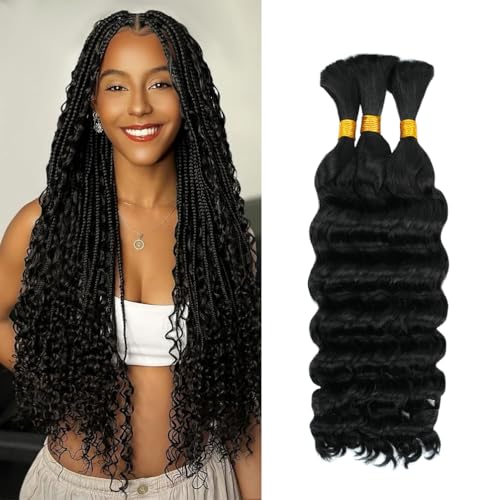 Deep Wave Human Braiding Hair for Boho Braids ? 18 Inch 120g 3 Bundles/Pack Natural Black, 100% Unprocessed 12A Brazilian Virgin Hair Bulk, No Weft, Wet & Wavy Curly Knotless Extensions