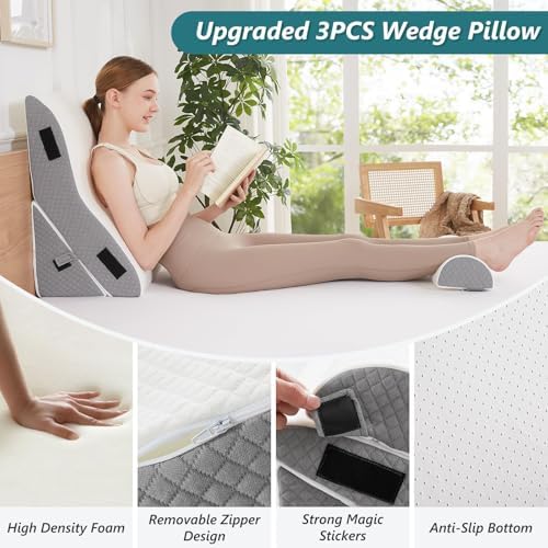 Bed Wedge Pillow Set for Sleeping 3 PCS - 22.5" Wide Triangle Pillow for Back Leg Pain Relief with Washable Cover - 35D Foam Wedge Pillow Post Surgery for Acid Reflux & Snoring (White Grey)