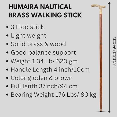 Vintage Brass Walking Stick – Handmade Wooden Cane with Solid Brass Handle – Antique Style Collectible Walking Cane for Men, Women & Seniors – Unique Gift Idea