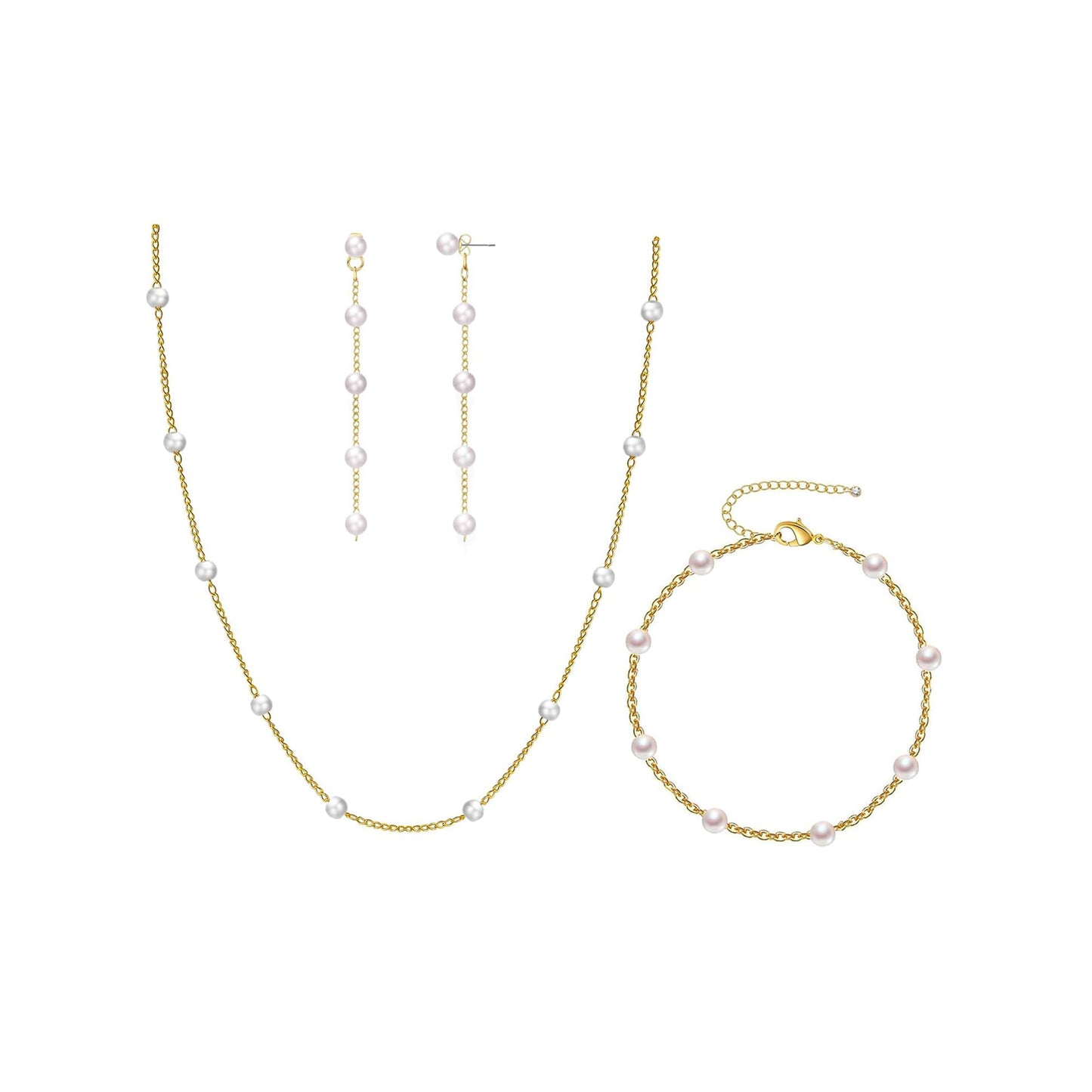 Fezodo Gold Jewelry Set for Women, Dainty 18K Gold Pearl Necklace and Earring Set With Pearl Earrings Bracelet Wedding Jewelry Sets for Bride, Bridal Prom Pearls Jewelry