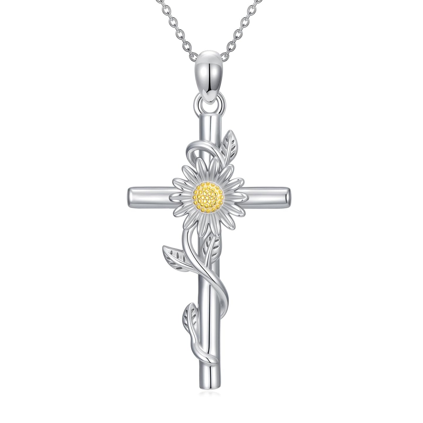 YYB Daisy Cross Necklace 925 Sterling Silver Daisy Gifts for Women Dainty Silver Cross Necklace Christian Religious Gifts for Women Mothers Day Gifts