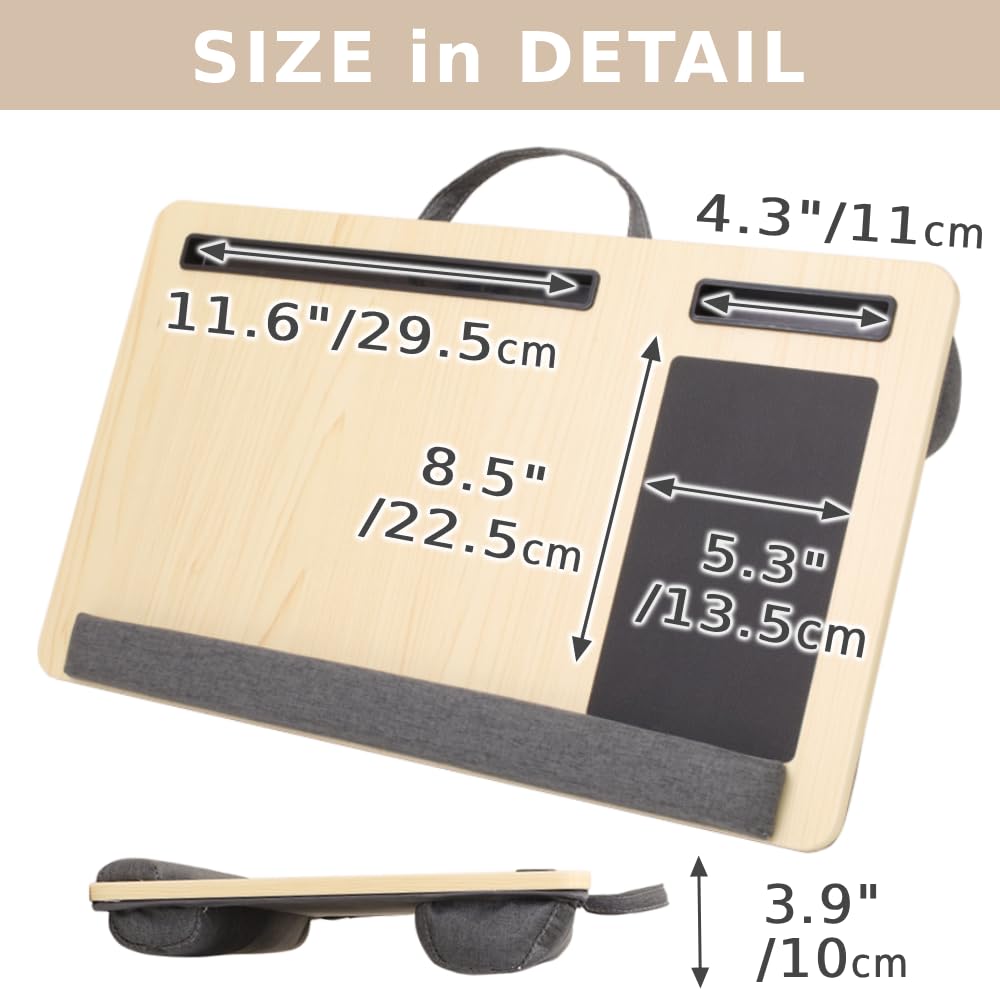 Japard Laptop Lap Desk with Mousepad, Cushion, Wide 21", Fits up to 15.6 inch, Portable Handle, Tablet Pen Phone Holder Wood Natural Home Office Gift