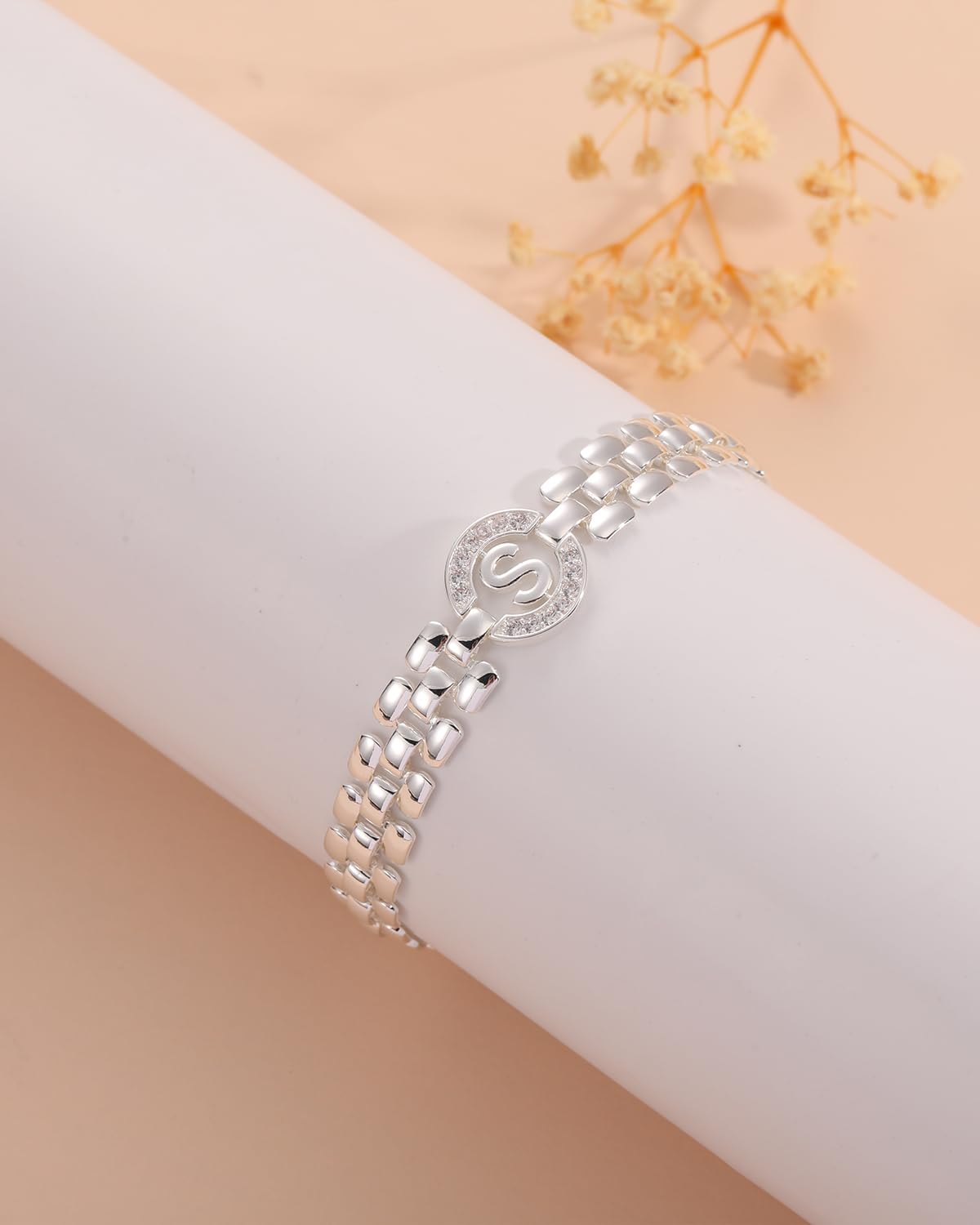 WEDDINEN Initial Bracelet,Silver Letter Bracelets for Women, Thick Bangle Wrist Gold Alphabet Bracelets for Women, Christmas Gifts for Women Jewelry Initial S Charm Chain