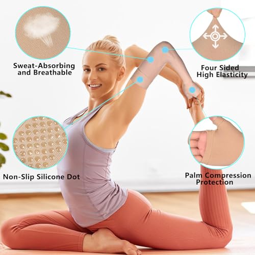 Medical Compression Arm Sleeve with Silicone Dot&Gauntlet for Women Men,20-30 mmHg Graduated Compression Full Arm Support for Edema,Post Surgery Recovery,Swelling,Pain Relief(Medium,Single)