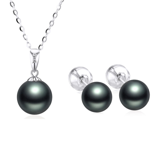 14k White Gold Simualted Black Pearl Necklace and 18k Earrings Set for Women