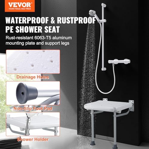 VEVOR Folding PE Shower Seat, 15.7'' x 14.8'' Unfolded, Wall Mounted Fold Up Shower Bench with 500 lbs Load Capacity, Space Saving Fold Down Shower Chair for Seniors Pregnant Women Children Adults
