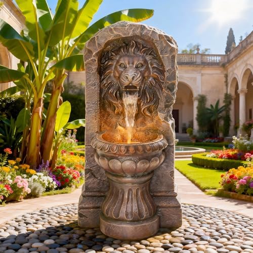 Autodaya 30" Lion Head Outdoor Water Fountain, Rustic Tiered Waterfall Fountain with LED Lights, Weatherproof Resin Freestanding Fountain for Garden, Patio, Yard & Courtyard Decor