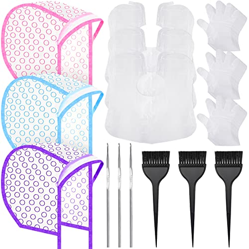 3 Sets Hair Coloring Kit, Includes 3 Pcs of PVC Hair Coloring Caps with 3 Pcs Styling Tools, 3 Pcs Disposable Hair Dye Shawl, 3 Pairs Gloves, 3 Pc Dye Brushes for Dyeing Hair (Assorted Colors)