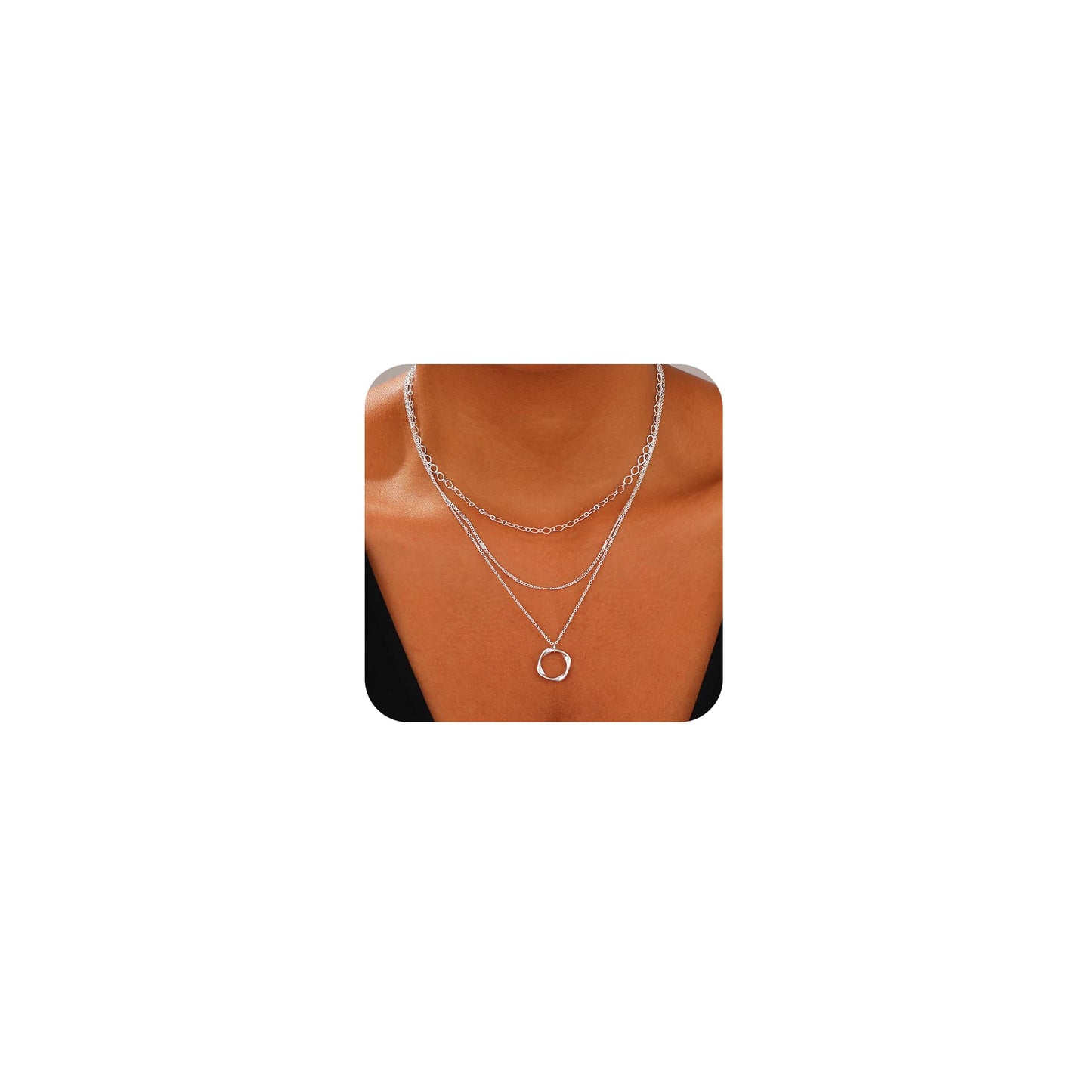 Layered Gold Necklaces for Women Stackable Dainty 14K Gold Plated Silver Chain Necklace Layering Cute Fashion Pendant Choker Necklaces Trendy Jewelry Set Gifts for Women (Oval paper clip flat strip square, silver)