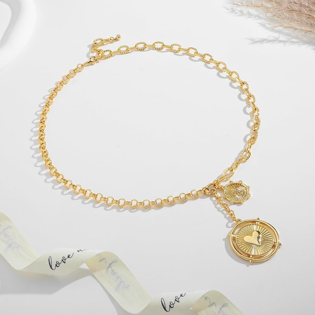BONJOULRY Chunky Gold Heart Sun Coin Charm Necklace for Women Non Tarnish 18K Gold Plated Thick Paperclip Chain Hip Hop Choker Necklaces Trendy Vintage Jewelry Holiday Gift