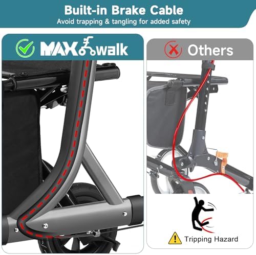 Walkers for Seniors, Rollator Walker with Seat, 8" Rubber Wheels All Terrain Rollator Walker with Backrest, Aluminum Walkers Built-in Cable, Foldable and Adjustable Height for Seniors, Black