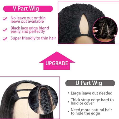 Afro Kinky Curly V Part Human Hair Wigs Human Hair 200% Density Upgrade Afro Curly V Part Wigs With Drawstring Clip In Half V Shape Wigs For Women, Beginner Friendly,Natural Color(16 Inch)