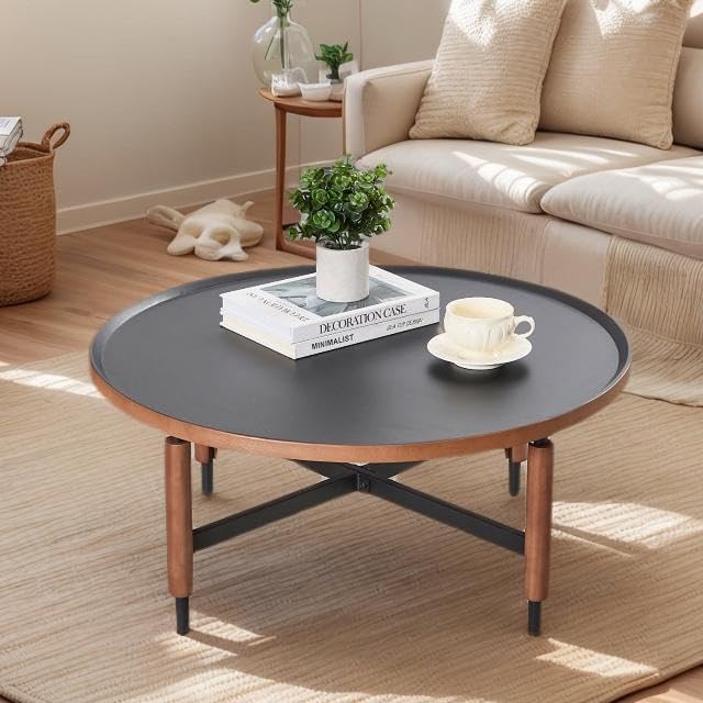 LukeAlon Modern Round Coffee Table for Living Room - Circle Wooden Table Top with Black Cross Legs Base, Rustic, Vintage, Easy Assembly, Black(31" D x 31" W x 13.5" H)