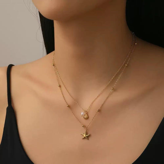 16 Pairs Starfish Jewelry Set for Women 14K Gold Plated Seashell Necklace Starfish Earring Open Ring Seashell Layer Boho Bead Adjustable Bracelet For Summer Travel Holiday Vacation Party (starfish set)