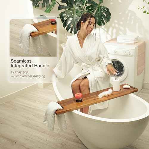 Tinamo Acacia Bathtub Caddy Tray Table | 39 x 9.75 x 2.5 Inch Large Bath Tub Tray Wooden | Anti-Tipping, Sustainable Tub Tray for Bathtub | Bathtub Accessories Holders for Bathtub (Acacia, 39x9.75)