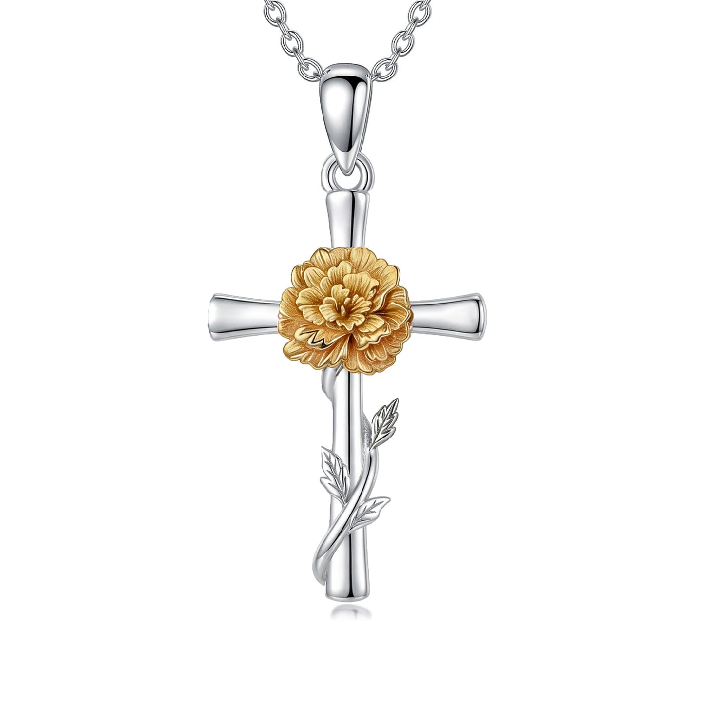 Cargari Marigold Flower Cross Necklace for Women 925 Sterling Silver Marigold Pendant Necklace Religious Floral Jewelry Gift
