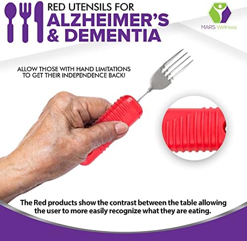 3 Piece Super Easy Grip Red Flatware Set - Bendable Built Up Large Fork, Knife, and Spoon - Red