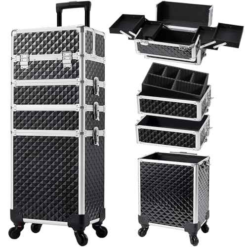 Stagiant Rolling Makeup Case Cosmetology Case on Wheels 4 in 1 Large Cosmetic Organizer Train Case Makeup Travel Case with Key Swivel Wheels Nail Artist Salon Storage Traveling Cart Trunk Black