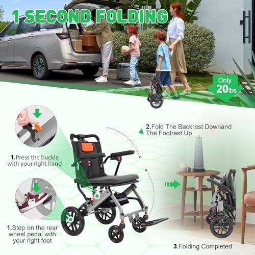 20 LBS Transport Wheelchair Lightweight Foldable,Wheelchairs for Adults, 1s Quick Folding, Quadruple Shock Absorption,Portable Wheelchair for Travel, Hospital & Home Use (Orange)