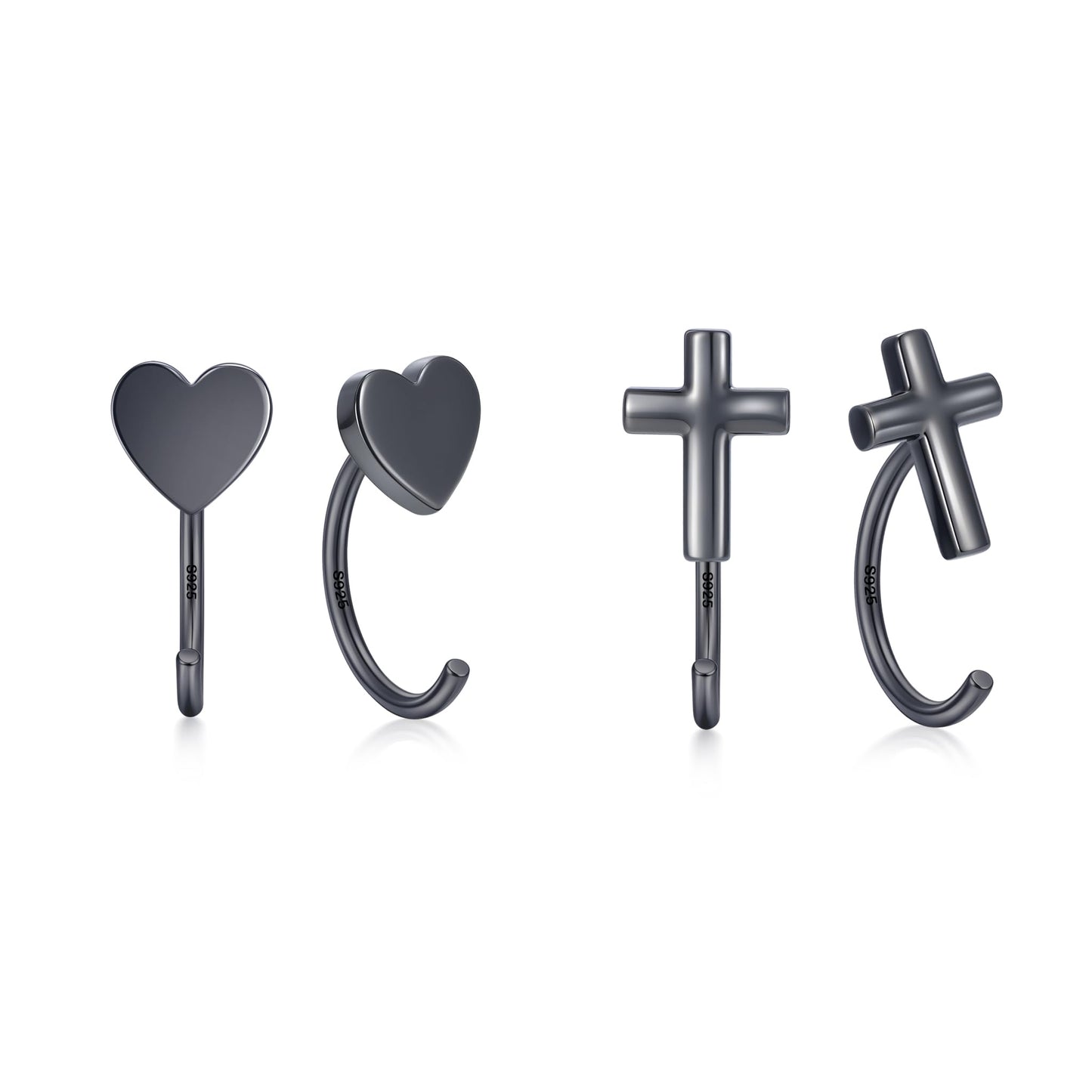 CHIC & ARTSY Backless Earrings for Women 925 Sterling Silver Half Huggie Hoop Earrings Ardant Stay Close Hoops Black Loving Heart & Cross No Back Earrings Set Everyday Earrings