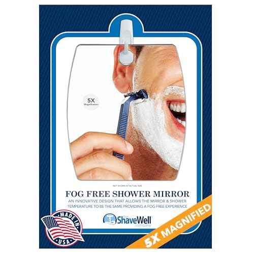 Shave Well Magnifying Anti-Fog Hanging Shower Mirror for Shaving | Curved Design for 5X Magnification | Light and Virtually Unbreakable | Includes Long-Lasting Removable Adhesive Hook