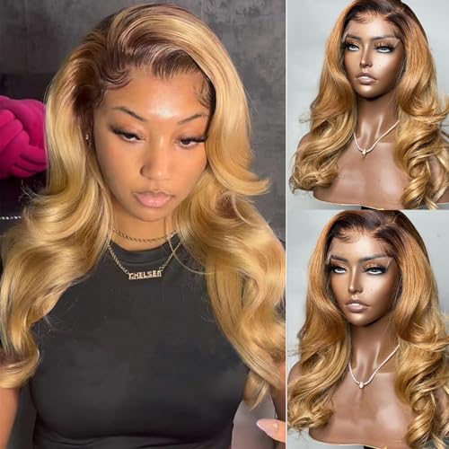 Smavida Highlights Blonde Lace Front Wigs Human Hair,13x6 Honey Blonde HD Lace Front Wig Pre Plucked with Baby Hair Highlight Ombre 4/27 Body Wave Lace Frontal Wig for Women 150% Density 22 Inch