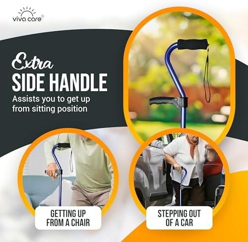 Walking Cane with 4 Prongs and Extra Side Handle – Adjustable, for Balance & Stability for Adults, Seniors, and Injured.