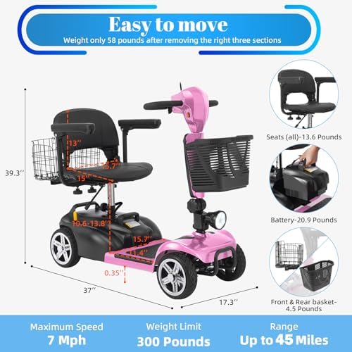 15-45 Miles Ecomobi MS02 4 Wheels Mobility Scooter for Adults/Seniors, 350W Powered Electric Wheelchair Device w/15Ah-25Ah Extended Battery, Dual Baskets/Rotating Seat, Compact Duty Mobile for Elderly