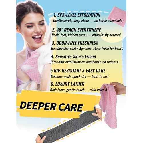 BLISSAL Exfoliating Shower Towel 47",Premium Scrub Wash Cloth for Body Face, Exfoliating Washcloth for Men and Woman(Pink)
