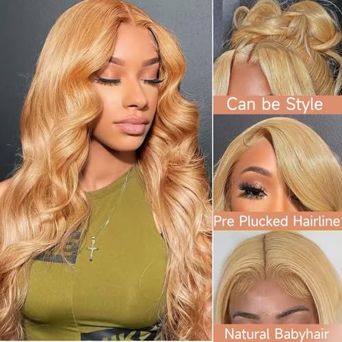 Honey Blonde Lace Front Wig 13x6 HD Lace Front Wigs Human Hair Pre Plucked 27# Blonde Body Wave Lace Wig 180 Density Colored Glueless Frontal Wigs For Black Women Human Hair 13x6 24 Inch
