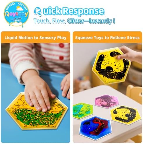 Squishy Liquid Sensory Gel Tiles 9 Packs - Hexagon Liquid Sensory Toys for Stress Relief & Fidget Fun, Washable Sensory Floor Tiles for Toddles 3+ Home, Classroom, Travel