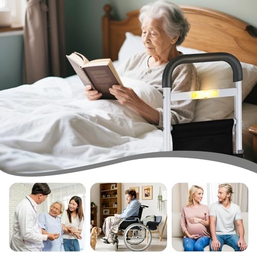 Bed Rails for Elderly Adults Safety Adjustable Bed Assist Handle with LED & Suction Cups - Bed Assist Rails for Seniors, Pregnancy & Mobility Aid 300lbs, Fits Wood/Metal Beds (16.34-19.69" Armrest)