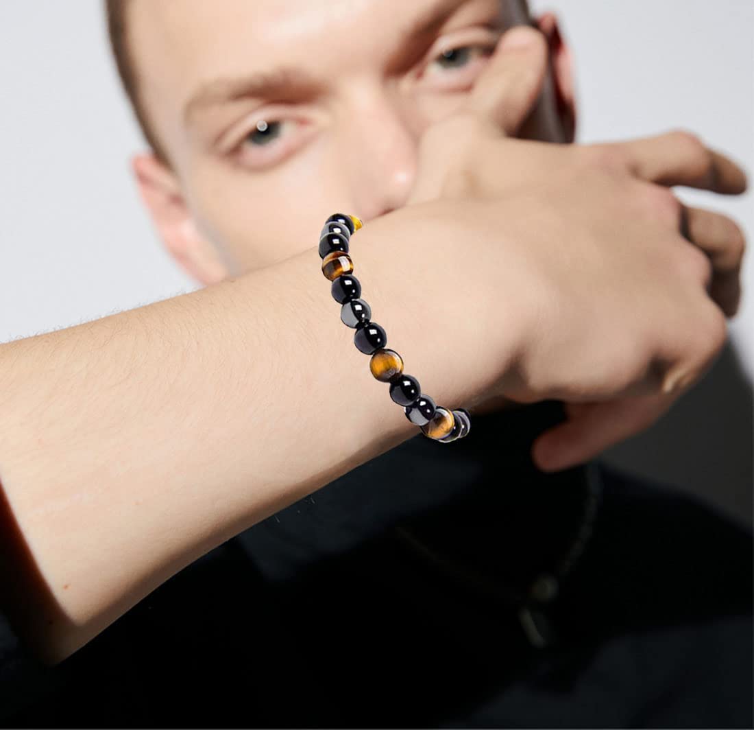 WAINIS 10PCS 8mm Black Hematite Bead Therapy Bracelet For Men Women Stone Bracelet Stress Relieving Triple Protection Anxiety Relief Bracelet Jewelry