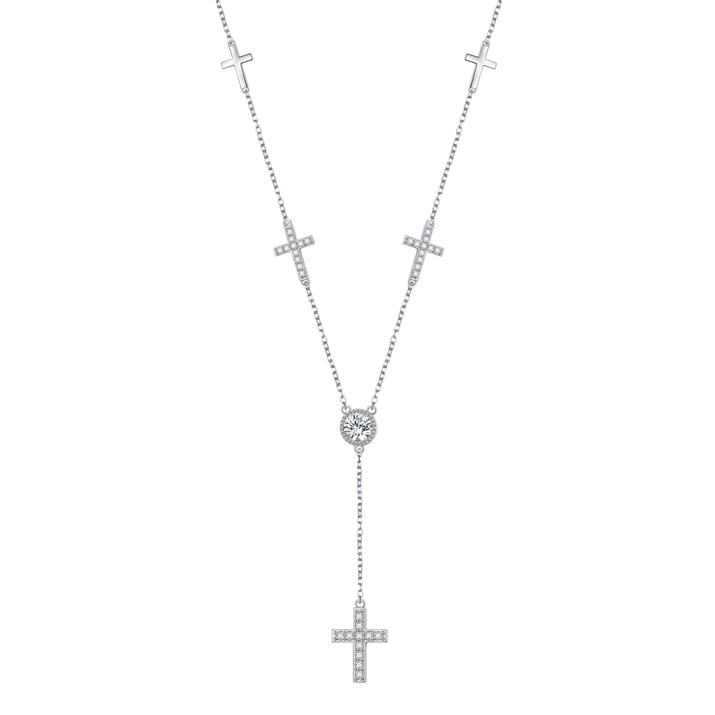 DAOCHONG Cross Long Chain Sweater Necklace for Women S925 Sterling Silver Long Chain Sideways Cross Circle Cubic Zirconia Large Pendant Sweater Y-Necklace for Women 26 inches
