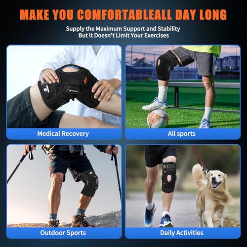 Knee Brace for Men/Women, Hinged Knee Brace with Metal Side Stabilizers, Knee Support with Patella Gel Pad and X-Strap Fixing, Knee Braces for Knee Pain Relief, Meniscus Tear, Arthritis, ACL, PCL, MCL