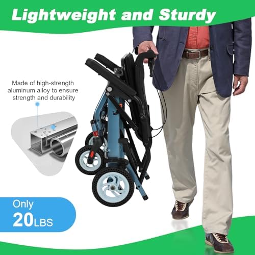 Ultra Lightweight Wheelchairs for Adults 20lbs - Foldable Transport Chair with 8" Honeycomb Tires & Detachable Cushion, 220lbs Capacity - Elderly Wheelchair for Travel, Hospital, Home Use (Blue)