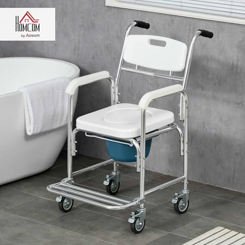 HOMCOM 3-in-1 Shower Commode Wheelchair, Transport Beside Commode Chair, Waterproof Rolling Over Toilet Chair 330 lbs. Weight Capacity with Padded Seat, White