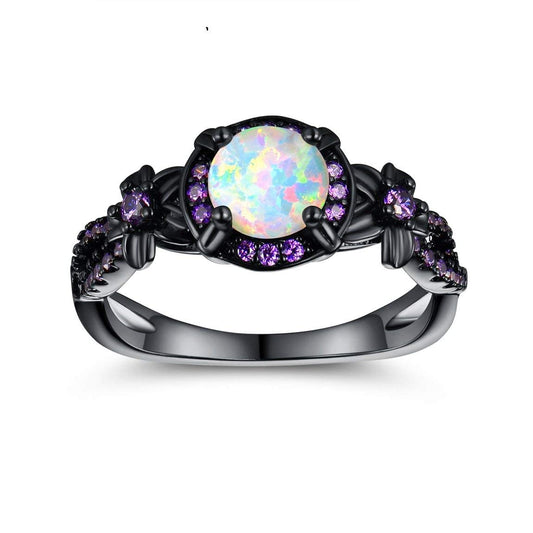 18K Black Gold Plated White Fire Opal Rings for Women October's Birthstone Gemstone Created Amethyst Eternity Wedding Engagement Promise Band (8)