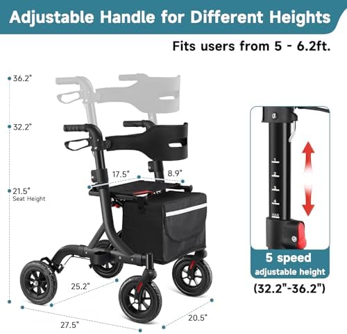 Walkers for Seniors, Rollator Walker with Seat, 8" Rubber Wheels All Terrain Rollator Walker with Backrest, Aluminum Walkers Built-in Cable, Foldable and Adjustable Height for Seniors, Black