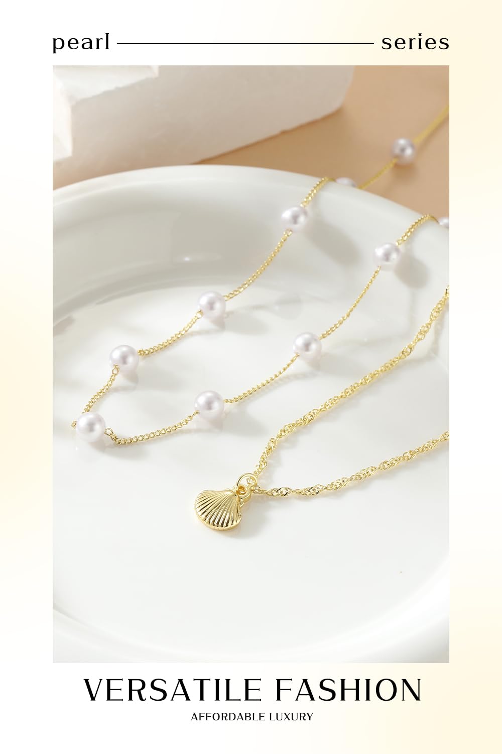 Beach Layered Shell Necklace for Women, 14K Gold Plated Starfish Conch Seashell & Pearl Charm Pendant, Dainty Coastal Summer Vacation Jewelry (Seashell Necklace)