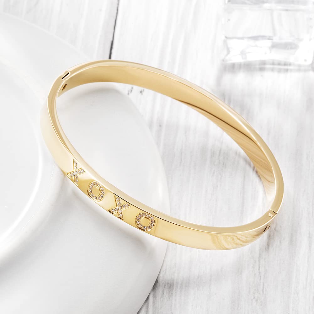 WISTIC Gold Plated Bangle Bracelet for Women, Silver Engraved Letter Cuff Bracelet with CZ, Fits 6.0–7.0 Inch Wrist, 2.4in Inner Dia., Rose Gold Stainless Steel Hinged Bangle Jewelry, XOXO, Gold
