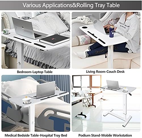 Overbed Table,Hospital Bed Table,Pneumatic Bed Tables Adjustable Over The Bed with Hidden Wheels&USB Port,Mobile Laptop Table Cart and Rolling Bedside Table with Tray Hospital Home Use-White