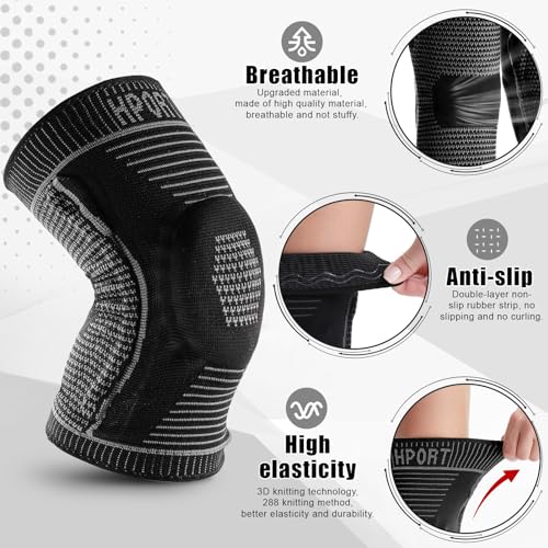 Compression Knee Pads for Women Men Sports 2 Pack Knee Sleeves with Patella Gel Pad & Side Stabilizers, Knee Braces for Knee Support Workout Sports ACL & Arthritis Pain Relief Black (XXL)