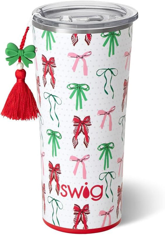 Swig Life 22oz Insulated Tumbler, Travel Coffee Tumbler with Lid, Cup Holder Friendly Travel Coffee Mug, Stainless Steel (Ribbons and Bows)