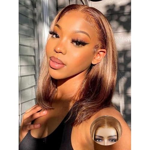 ORIGINAL QUEEN Short Straight Wigs 5x7 Wear and Go OQ Hair Glueless Wigs Human Hair Pre Plucked Pre Cut Pre Bleached Highlight Blonde Bob Straight Wigs for Women 4/27 Color 10Inch