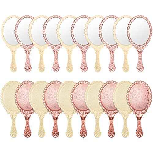 20 Pcs Vintage Handheld Mirrors, 9.8" L x 4.5" W Portable Hand Held Embossed Flower Retro Compact Mirror with Handle for Women Face Makeup Travel(Beige, Rose Gold)